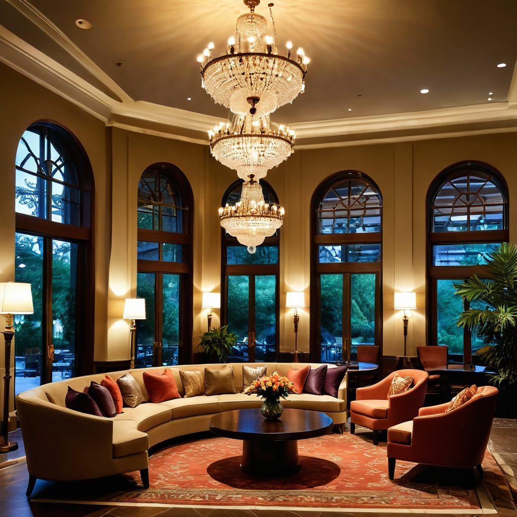 A luxurious hotel lobby adorned with elegant chandeliers and plush seating, showcasing attentive staff delivering exceptional customer service. Personal touches like fresh flowers and elegantly arranged welcome drinks are visible. A cozy reading nook and warm lighting create an inviting atmosphere. Include sophisticated color palettes and a glimpse of the surrounding lush gardens through large windows. super-realistic. vibrant colors. soft focus.