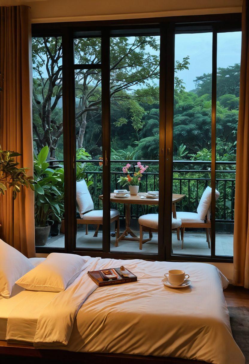 A cozy, elegantly furnished homestay room with warm lighting, fluffy pillows, and a welcoming bed, showcasing a beautiful view from the window of a lush garden. Include a friendly host serving tea and snacks to guests at a charming dining table. Subtle details like travel brochures on a side table and a welcome note on the bed add to the inviting atmosphere. super-realistic. vibrant colors. warm tones.