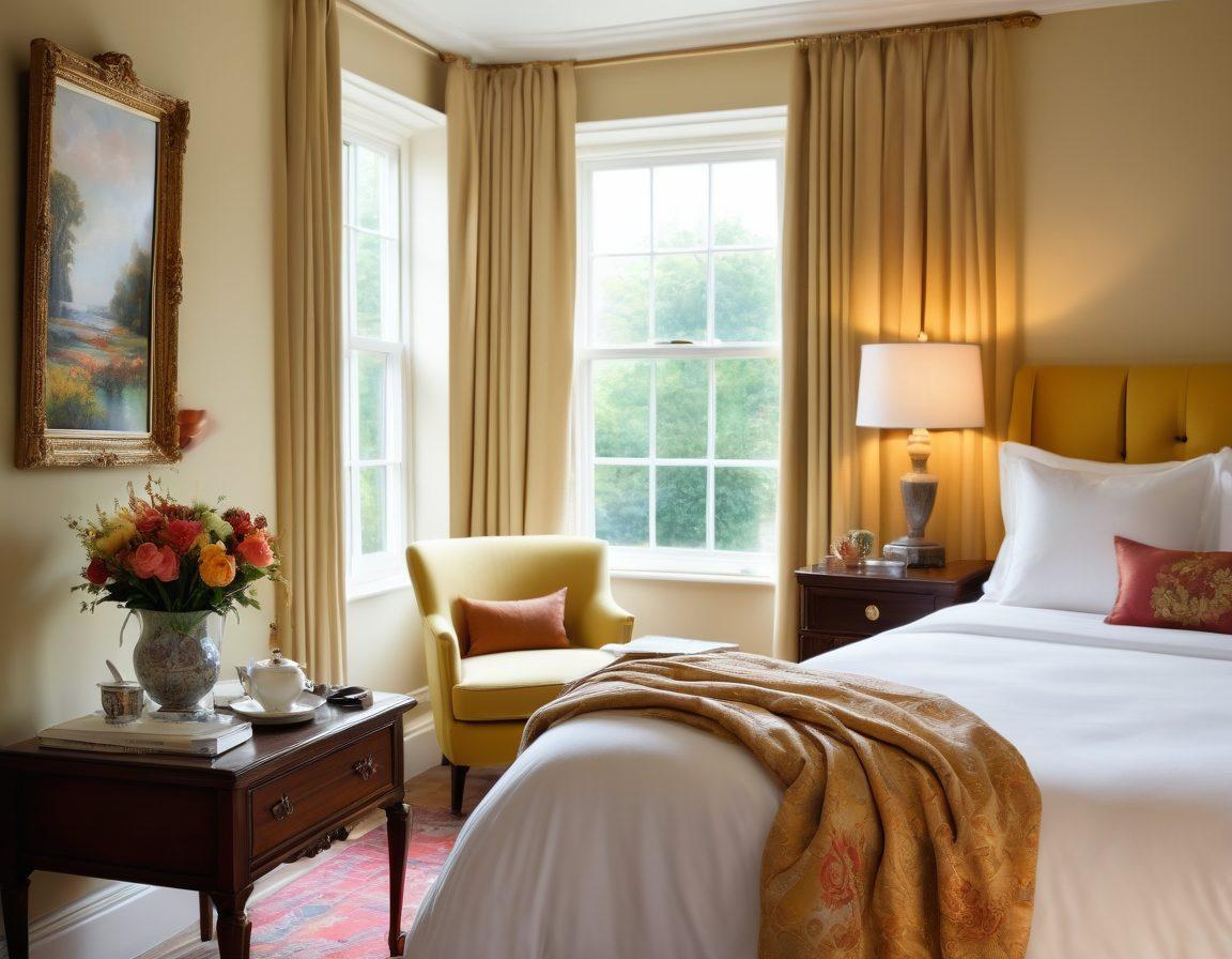 A cozy and elegantly decorated guest room at Spencer House, featuring plush bedding and soft lighting. A view of a sunny garden through large windows, with a steaming cup of tea placed on a bedside table. Include subtle elements of luxury, such as fresh flowers and tasteful art on the walls. Warm, inviting colors and an overall atmosphere of tranquility. super-realistic. vibrant colors.